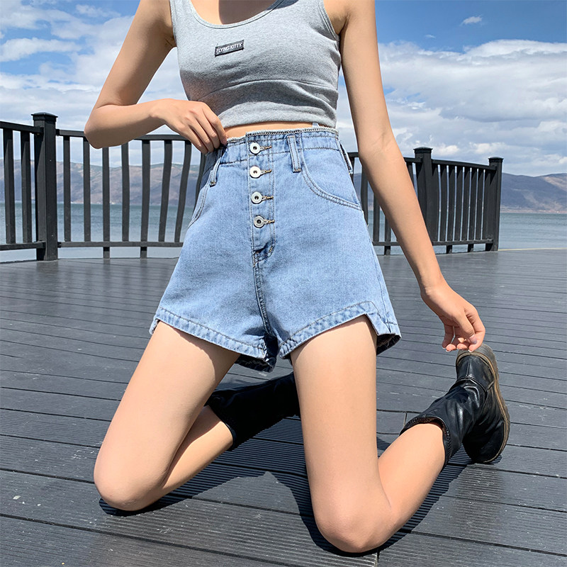 实拍~高腰牛仔短裤女夏季薄款宽松阔腿显瘦a字辣妹超短热裤