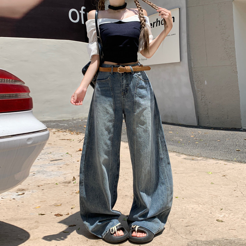 2025年秋季美式高腰牛仔长裤女复古高街设计感毛边宽松阔腿弯刀裤
