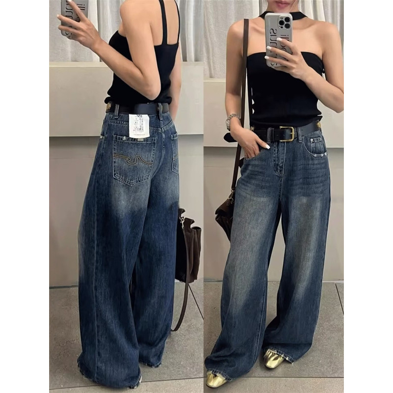 复古蓝高腰磨破阔腿牛仔裤女秋季水洗宽松百搭垂感休闲直筒拖地裤