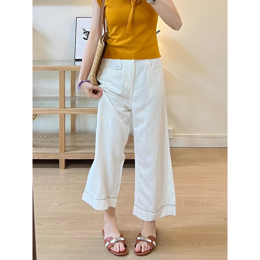 白色刺绣九分牛仔裤女夏季薄款小个子大码胖mm高腰显瘦直筒阔腿裤