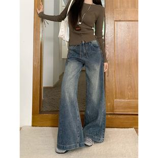 加绒 满天星烫钻重工牛仔裤女秋季设计感宽松直筒阔腿带钻爆闪裤