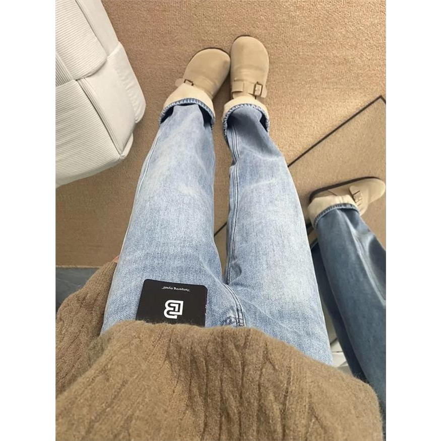 加绒加厚深蓝色直筒牛仔裤女2025冬季新款小个子高腰显瘦窄版裤子