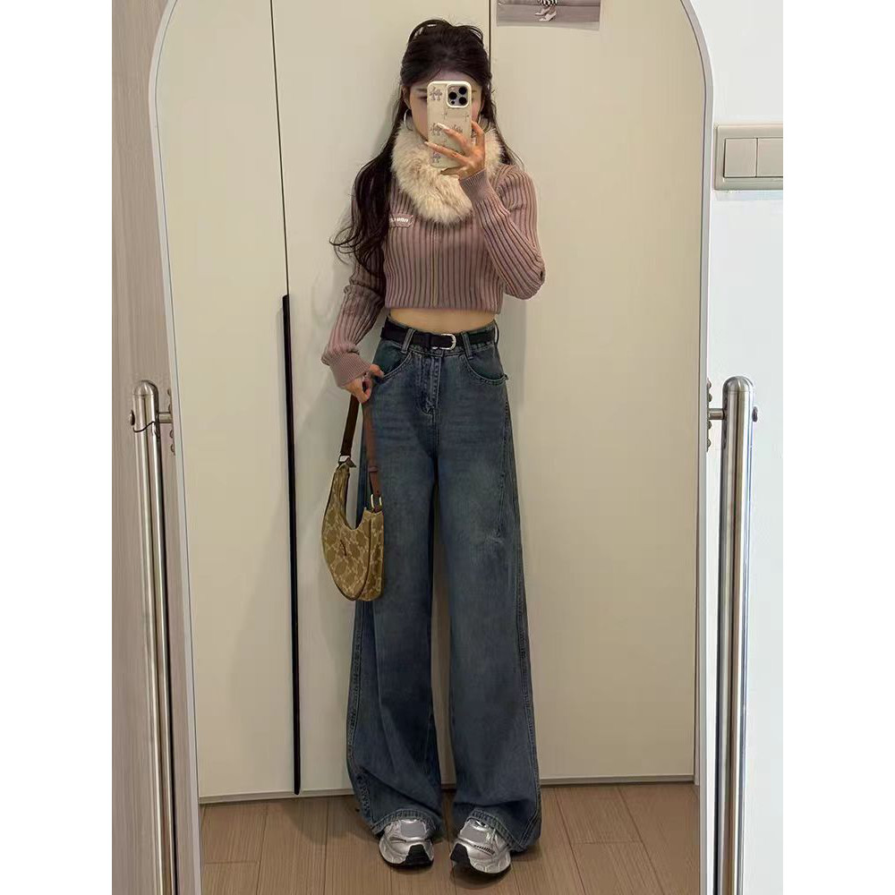 加绒复古蓝阔腿牛仔裤女秋冬2025新款宽松显瘦辣妹小个子直筒裤子