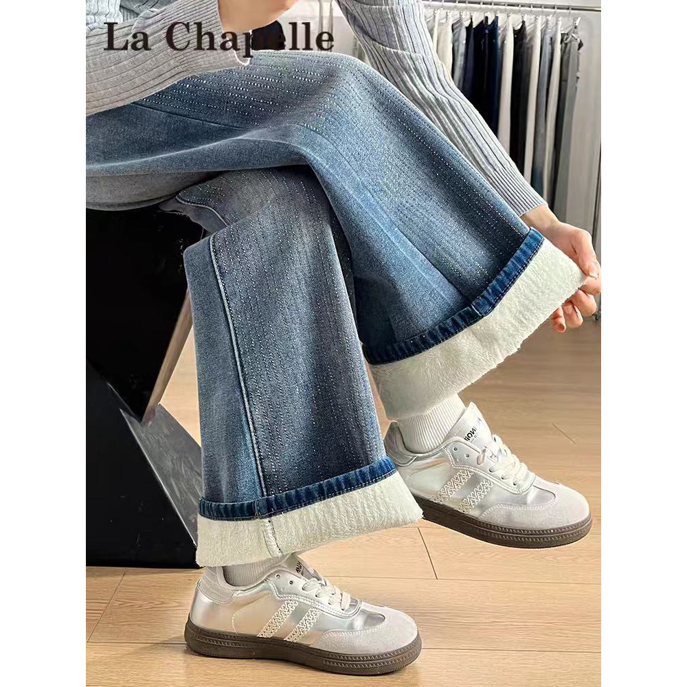 2025秋冬满天星烫钻阔腿牛仔裤女冬季加绒加厚高腰显瘦直筒拖地裤