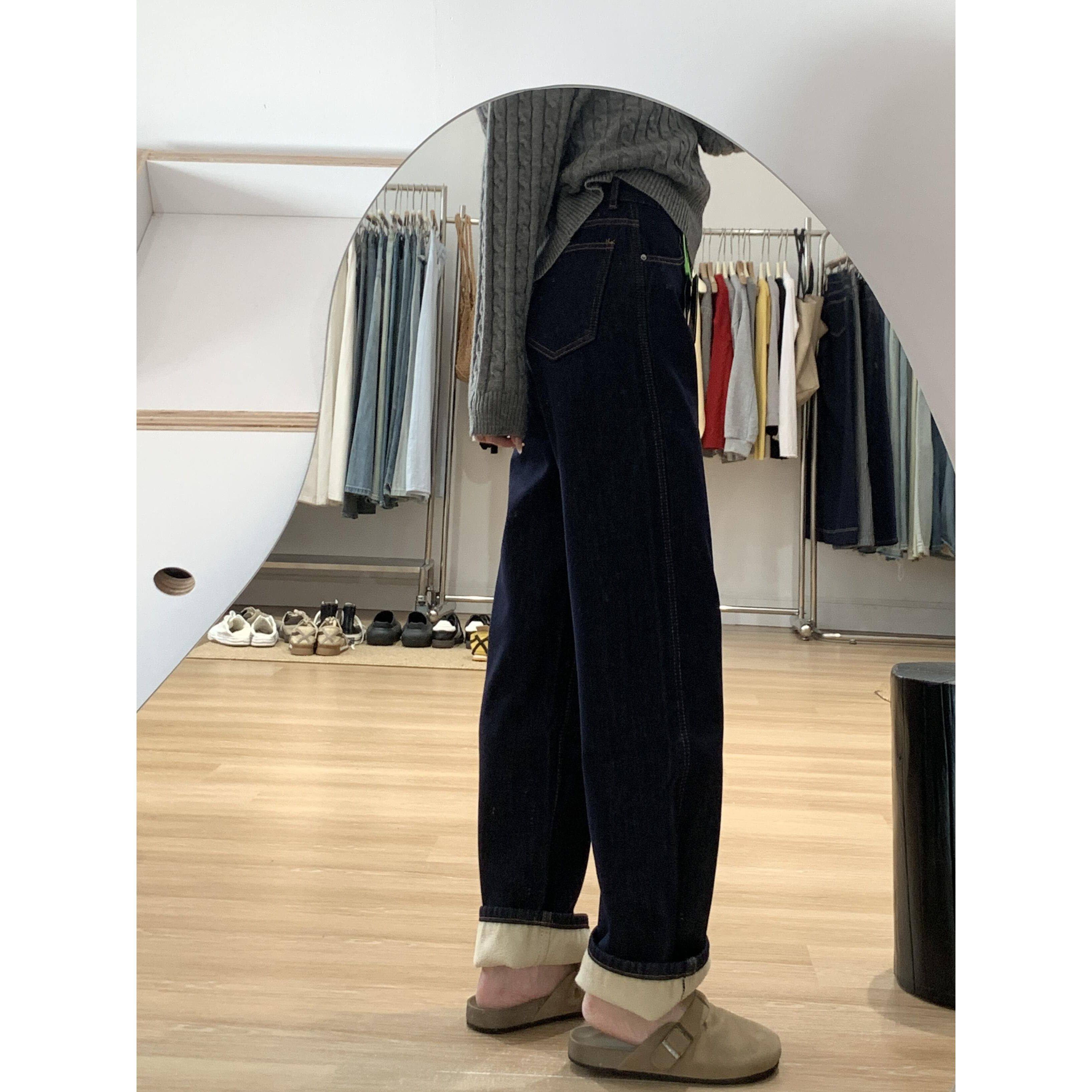 加绒加厚深蓝色直筒牛仔裤女2025冬季新款小个子高腰显瘦窄版裤子