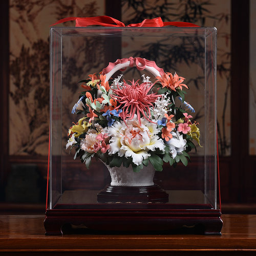 百花齐放花篮摆件可定制祝福语