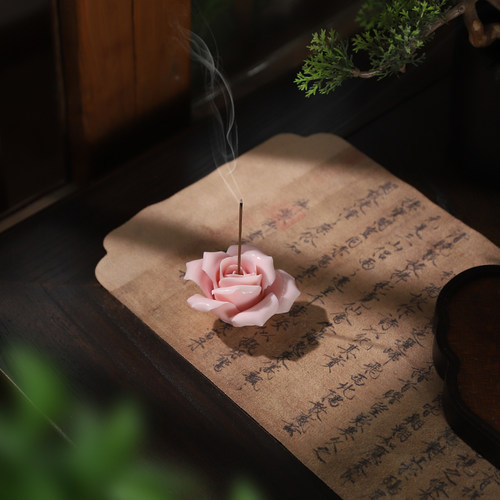 非遗陶瓷小玫瑰花花朵摆件线香底座香插高级感桌面装饰品生日礼物