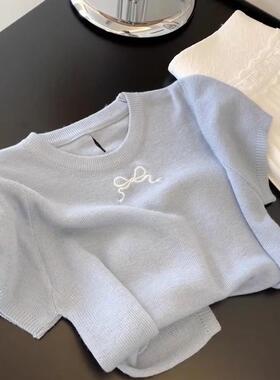 蓝色蝴蝶结刺绣薄款针织短袖T恤女2025夏装新款镂空正肩小衫上衣