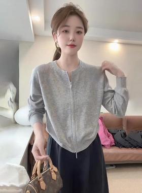灰色薄款圆领长袖针织衫女2025新款春秋短款毛衣开衫外套洋气上衣