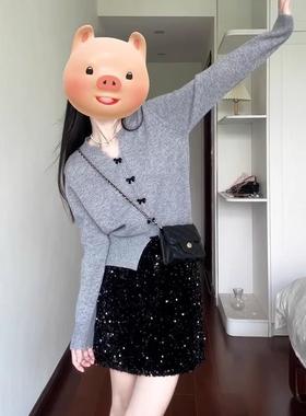 v领灰色蝴蝶结针织衫外套女早秋季2025新款韩系独特别致长袖上衣