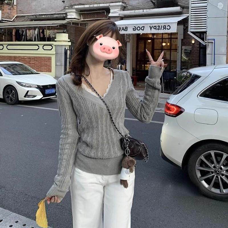 超好看灰色V领麻花针织衫女秋冬修身气质内搭毛衣打底衫chic上衣