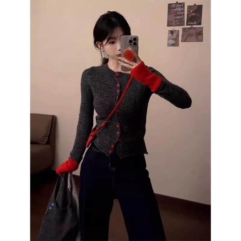 韩系撞色毛衣开衫女春秋高级感内搭针织打底衫修身显瘦甜辣妹上衣