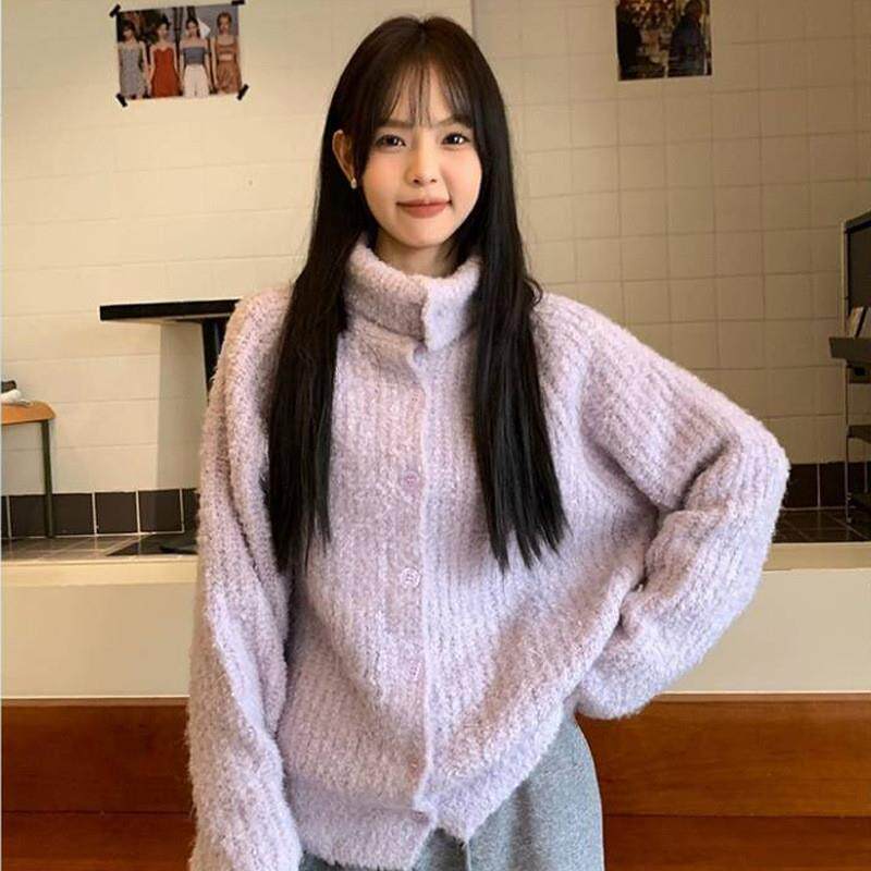 紫色软糯高领纽扣毛衣外套女上衣春秋2025宽松慵懒风翻领针织开衫