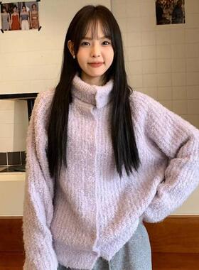 紫色软糯高领纽扣毛衣外套女上衣春秋2025宽松慵懒风翻领针织开衫