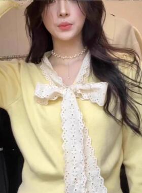 灰色甜美蕾丝花边蝴蝶结毛衣开衫女2025新款内搭春秋冬小个子外套