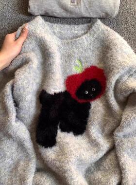 灰色小狗圆领套头毛衣女冬季加厚秋冬慵懒风小个子正肩内搭针织衫