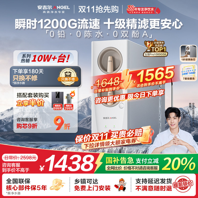 政府补贴安吉尔净水器家用直饮厨房过滤净水机玉龙PRO瞬时1200GSE