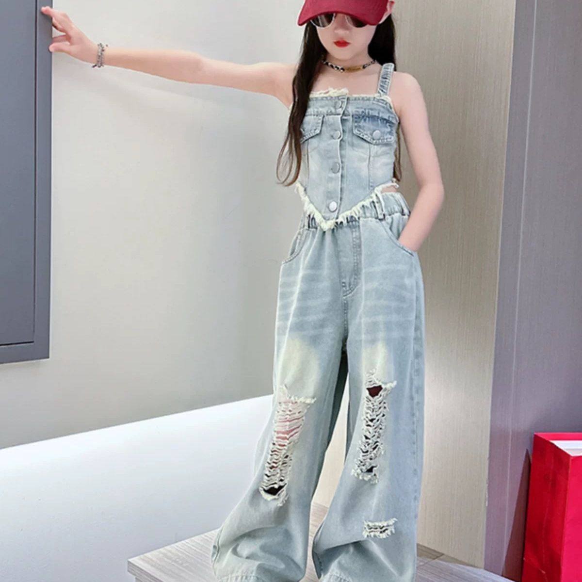 女童夏季复古牛仔套装2025新款港风美式背心韩版阔腿直筒裤两件套