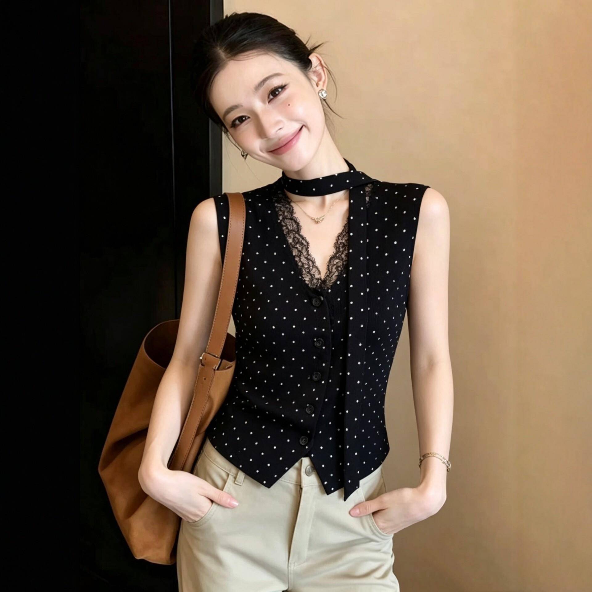 黑色波点衬衫女款2026新款夏季女士飘带无袖别致很仙的衬衫上衣服