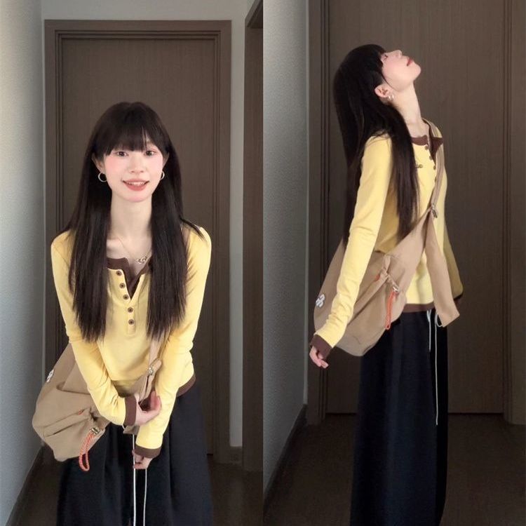 韩系撞色假两件打底衫长袖t恤女年秋季修身显瘦别致内搭短款上衣