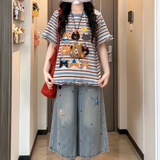 盐系学院风套装慵懒甜美多巴胺条纹短袖星星刺绣七分牛仔裤两件套