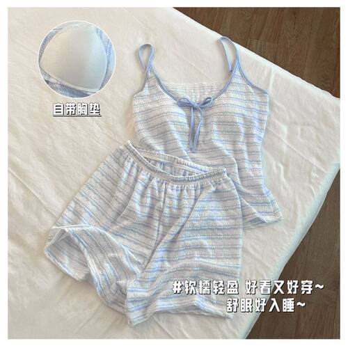 蓝色条纹性感吊带睡衣女夏季2026新款带胸垫短袖短裤家居服女套装