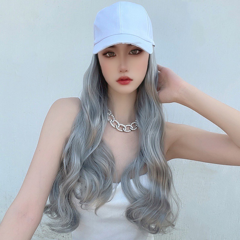 跨境电商假发帽子女长发奶奶灰波浪卷全头套鸭舌帽长卷发假发一体
