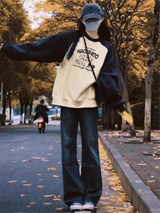 美式覆古插肩撞色加绒卫衣女秋冬2025韩系慵懒初中生穿搭无帽上衣