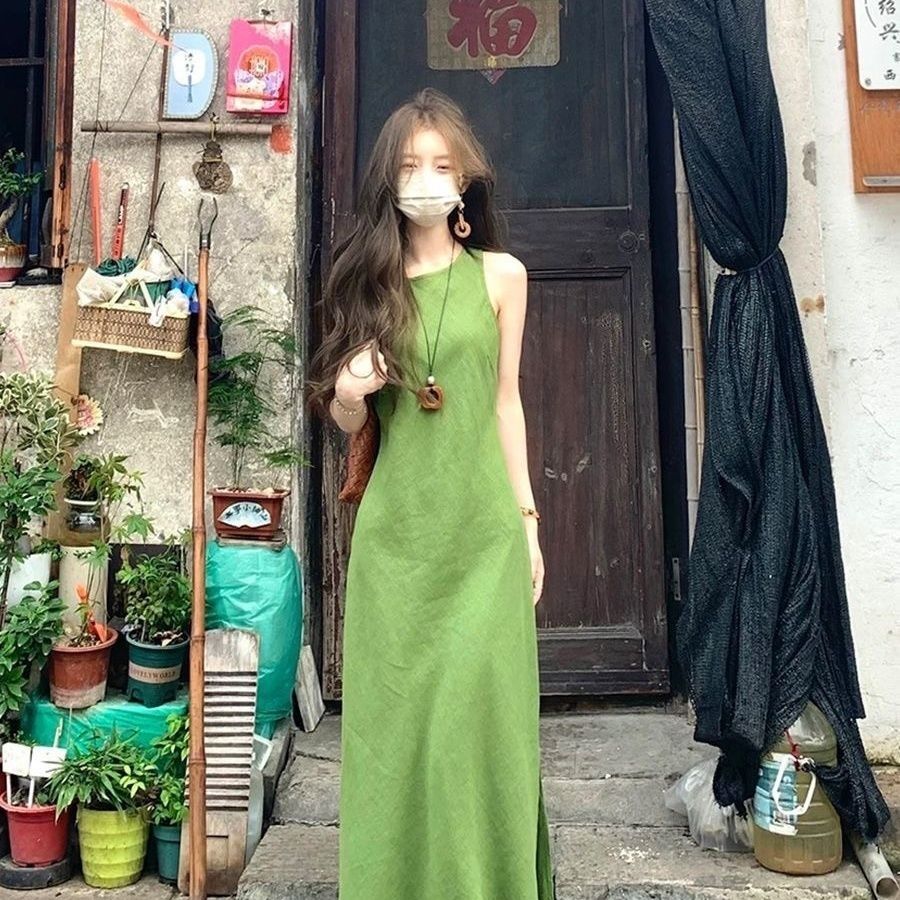 法式绿色无袖背心连衣裙子女夏季2025新款爆款海边度假巨好看长裙