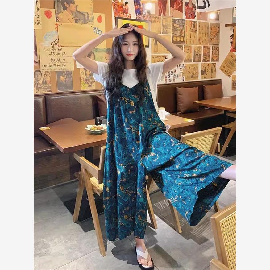 蓝色印花阔腿背带连体裤女2025夏季新款大码宽松韩系穿搭一整套装