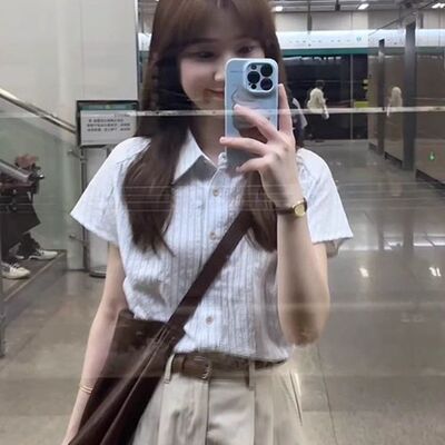 蓝色条纹短袖衬衫女夏季