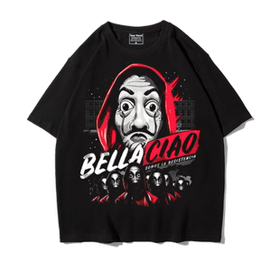 影剧纸钞屋面具印花连帽潮牌周边宽松T恤落肩圆领oversize五分袖