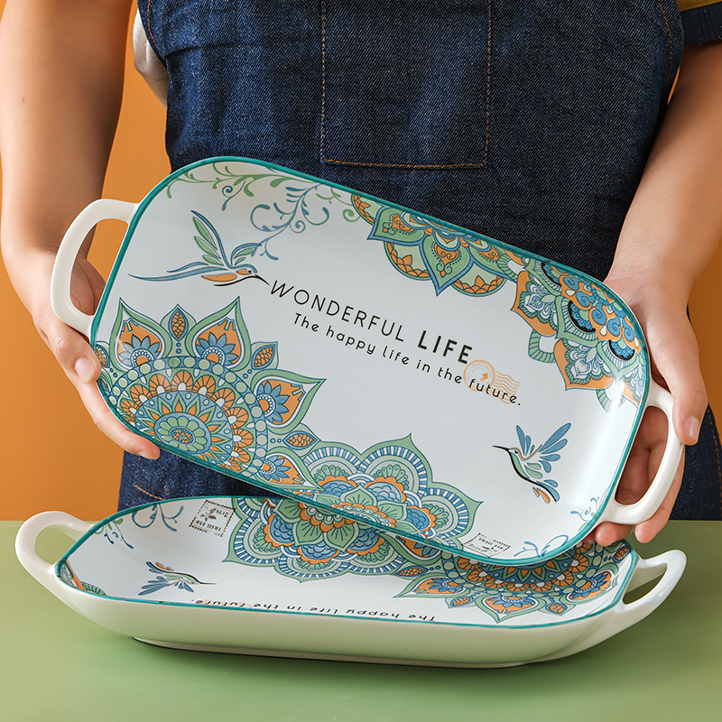 双耳鱼盘陶瓷大众长方形田园风