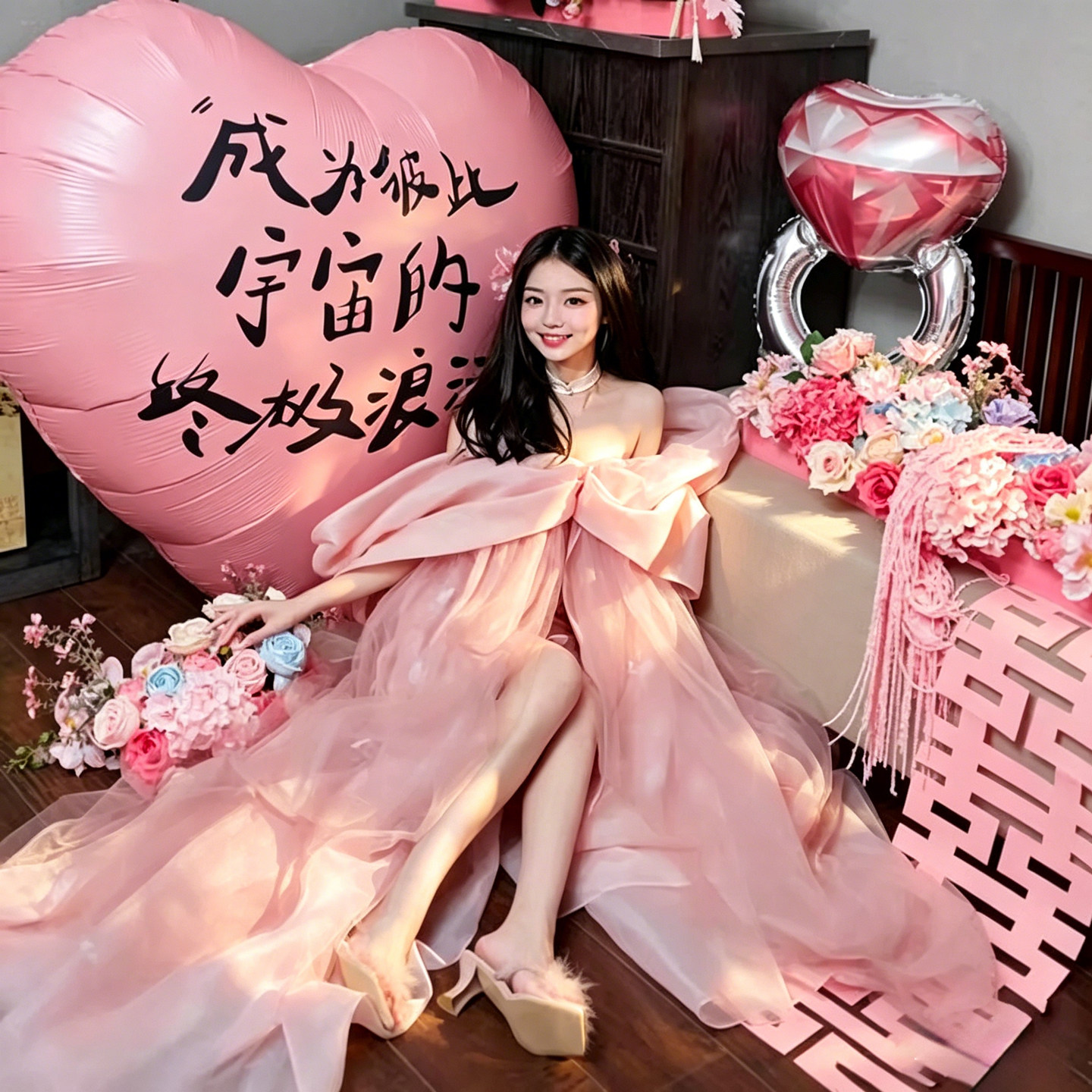 粉色超大爱心铝膜气球晨袍拍照图片
