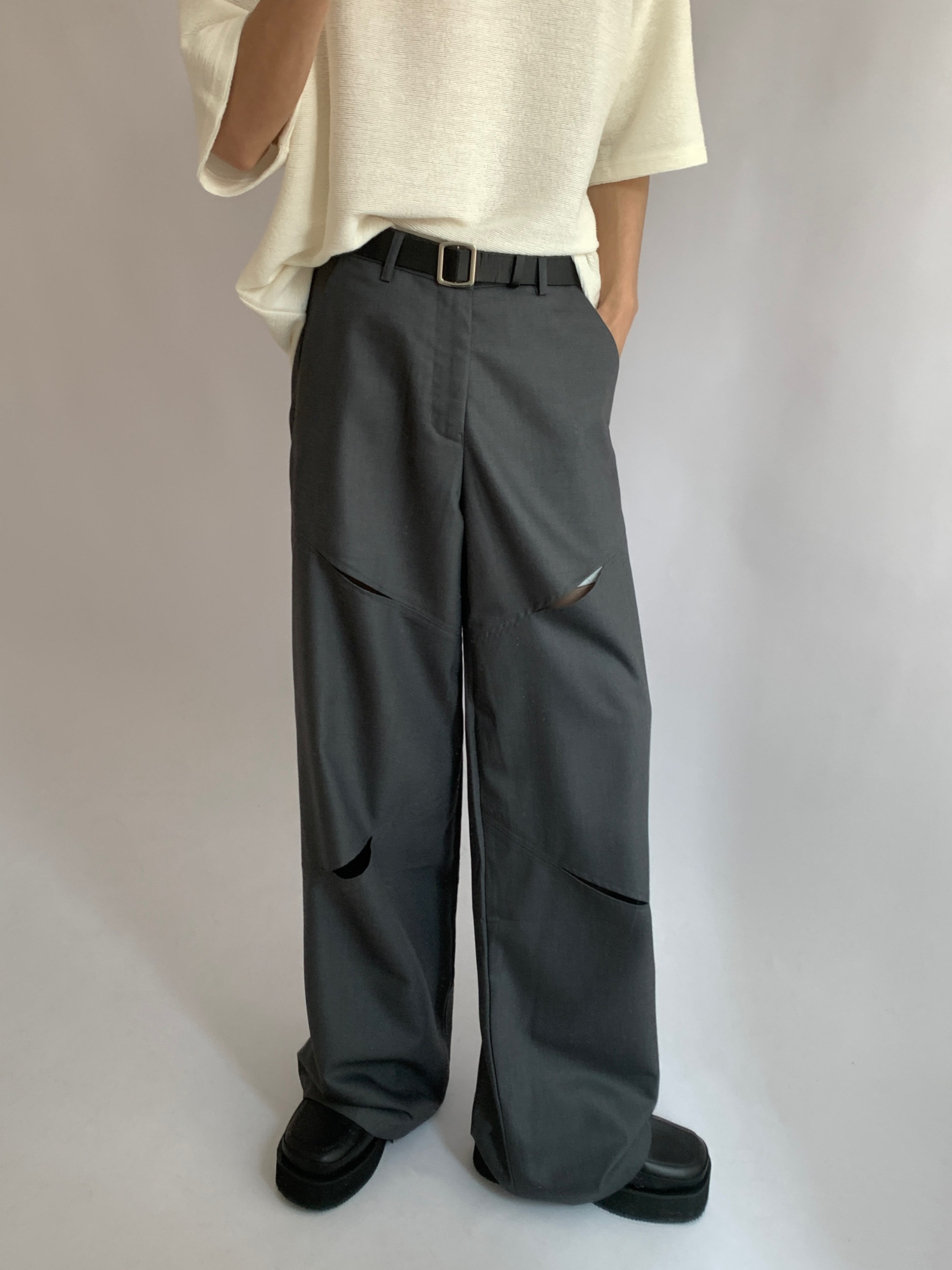 雨东林/原创设计感直筒西裤男高街宽松休闲百搭阔腿拼接破缝长裤