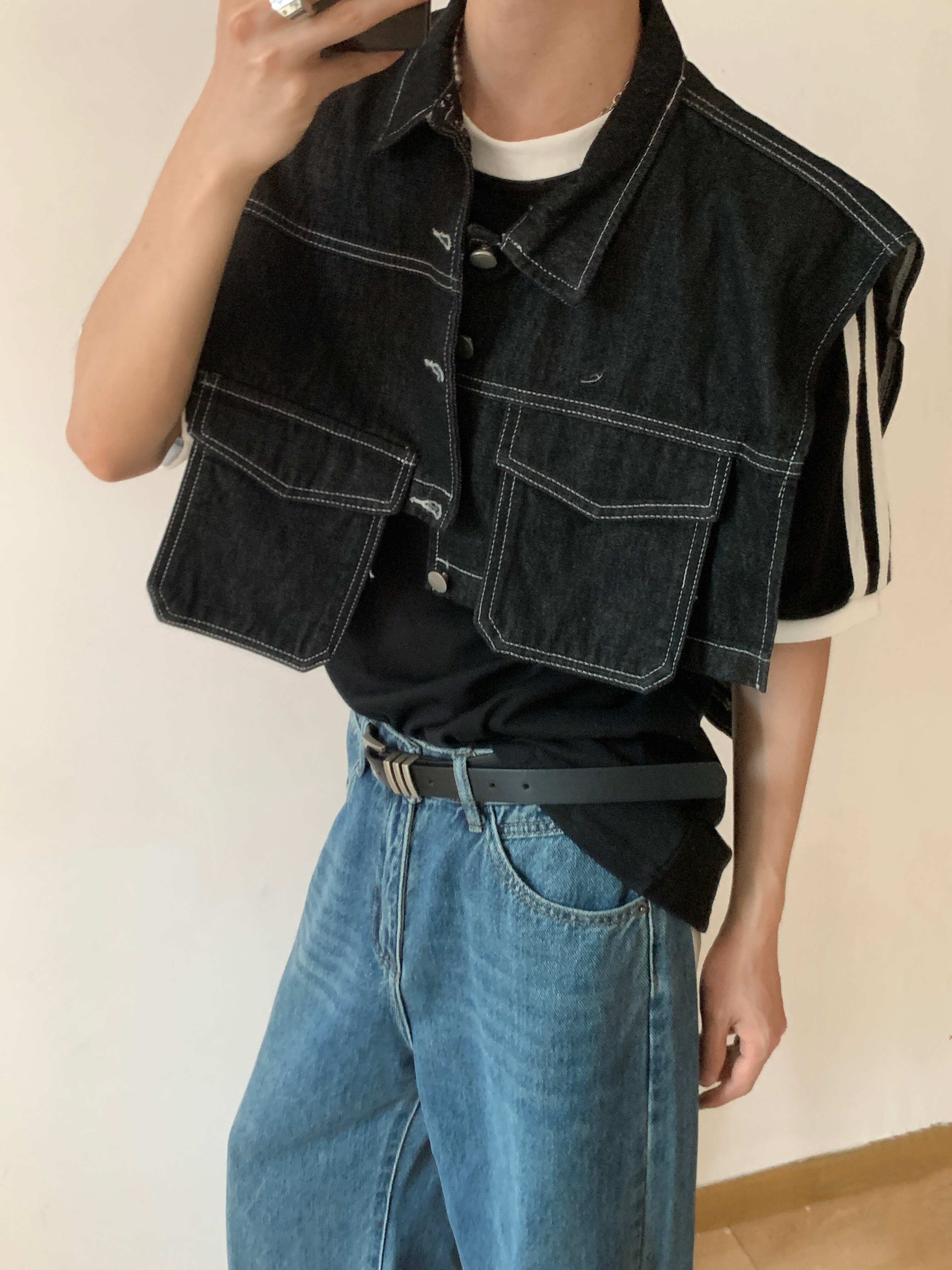 雨东林/韩版牛仔裤马甲背心男夏季黑色ins不规则坎肩外搭短款马夹