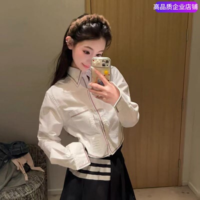 TB白色高腰织带衬衣短款撞色衬衫