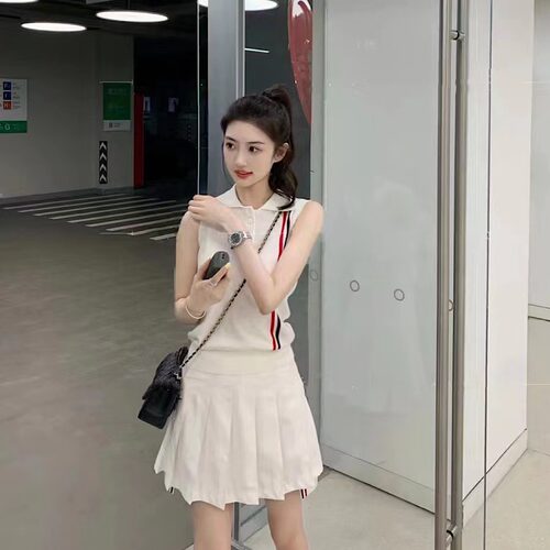 THHBTB夏季无袖撞色条纹白色POLO