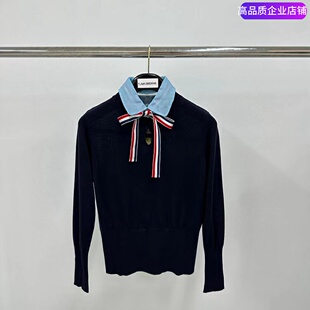 BEEWNE TB拼接蝴蝶结女款欧根纱羊毛织带套头简约休闲翻领毛衣潮