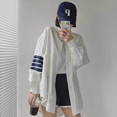 高品质TB纯亚麻衬衫阔版显瘦防晒