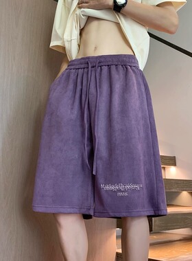 特大码300斤美式乌梅紫色麂皮绒短裤男夏季运动裤宽松休闲五分裤2