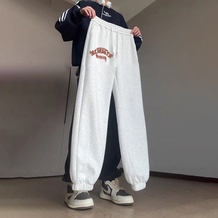 特大码300斤秋冬美式休闲裤子男女加绒加厚复古宽松束脚运动卫裤2