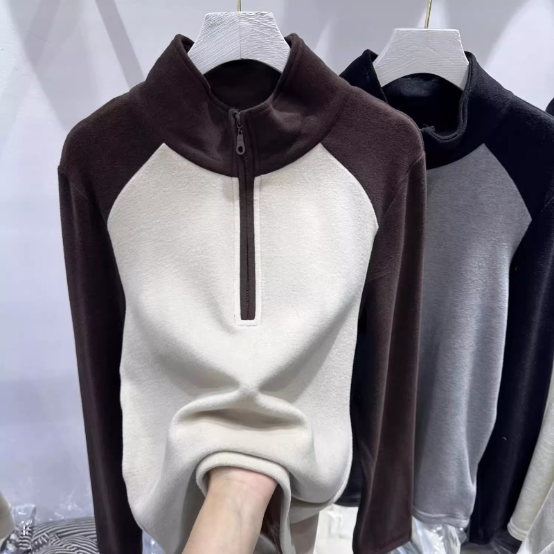 特大码300斤欧货拼接拼色立领半拉链长袖T恤男女秋冬德绒打底上衣
