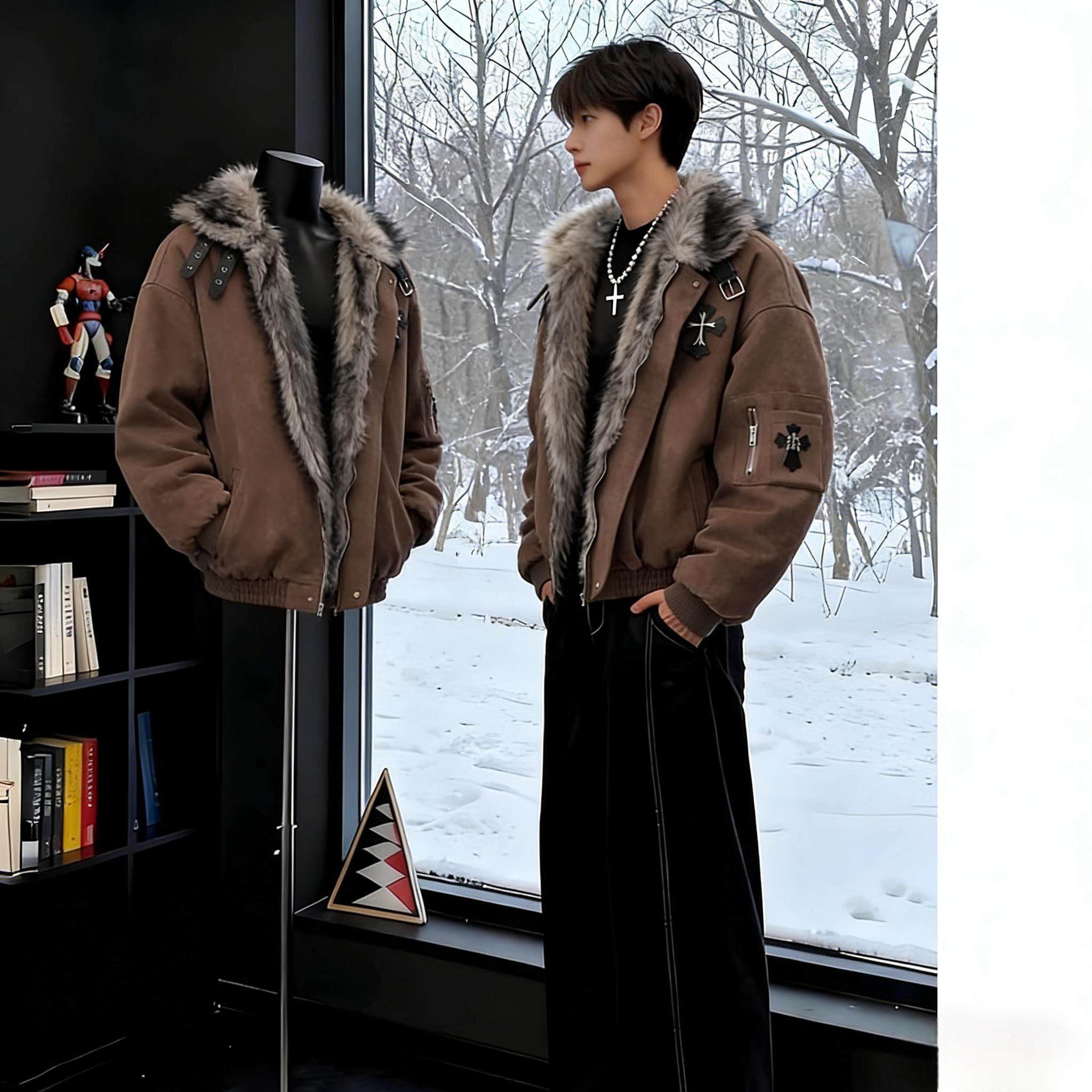 加大码300斤十字架座山雕潮男痞帅棉服冬季保暖复古毛领美式棉衣,男装,棉衣,淘宝优惠券,粉丝福利购,淘宝优惠卷