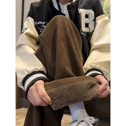 特大码300斤羊羔绒裤子男士秋冬加绒加厚保暖阔腿卫裤灯芯绒棉裤2