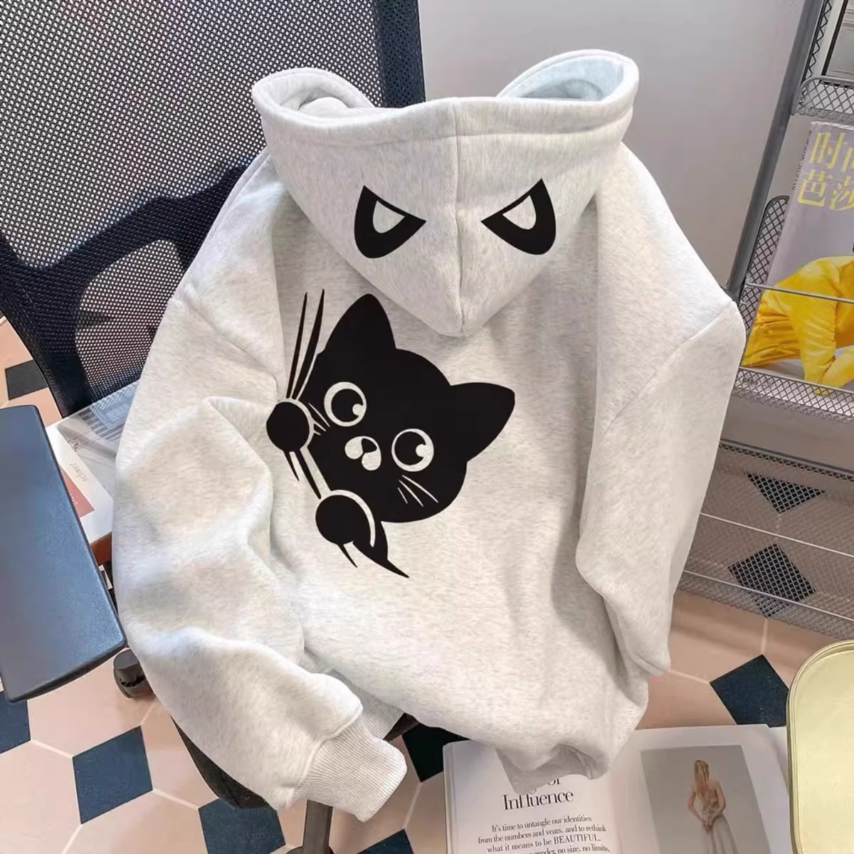 特大码300斤猫咪印花连帽卫衣男