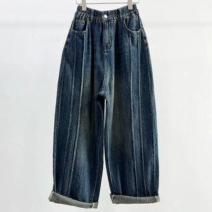 复古宽松直筒阔腿老爹萝卜裤 春秋季 300斤竖条纹牛仔男女装 特大码