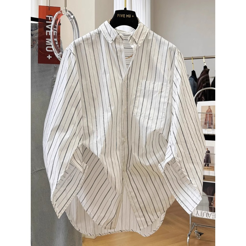 加大码男士设计感条纹长袖衬衫