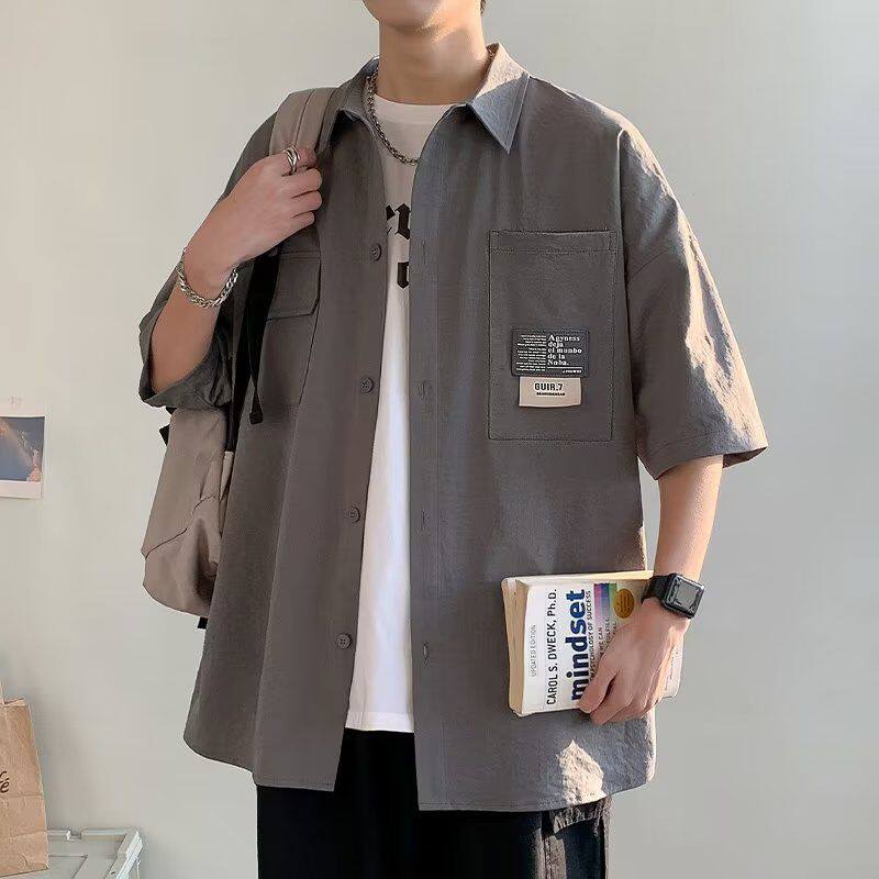 特大码300斤美式复古绣标工装短袖衬衫男款夏季宽松百搭衬衣外套2