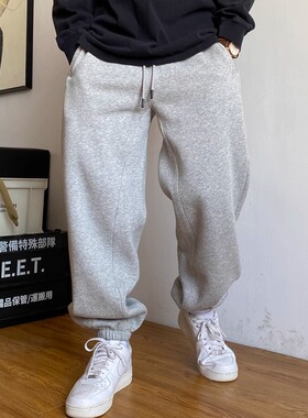 特大码300斤秋冬季美式痞帅加绒加厚灰色卫裤男宽松运动束脚裤子2
